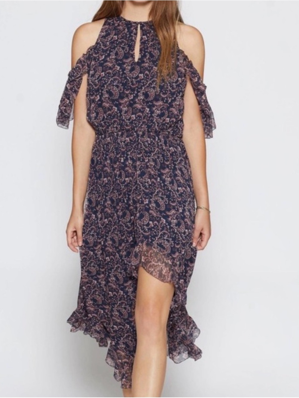 Joie Cold-Shoulder Paisley Midi Dress 100% silk